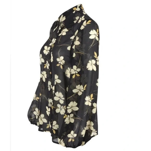 CAbi Cosmo Blouse Black Floral Chiffon Sheer Button Front Top 4159 Size Large - Picture 6 of 13